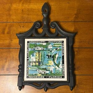 Vintage Cast Iron Metal and Ceramic Tile trivet States Hot Plate Wall Hanging